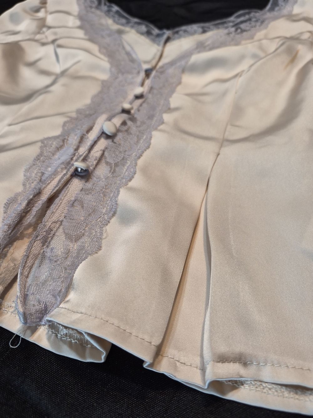 Ivory Satin Lace Trim Button-Front Blouse - Picture 4 of 7